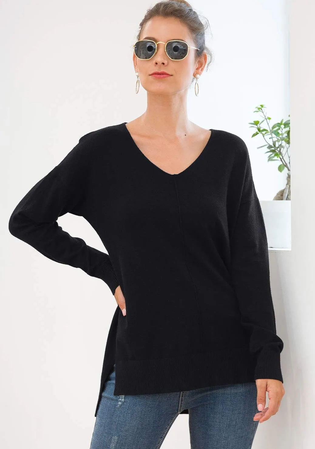 Jouica Women's Casual Lightweight V Neck Batwing Sleeve Knit Top Loose Pullover Sweater