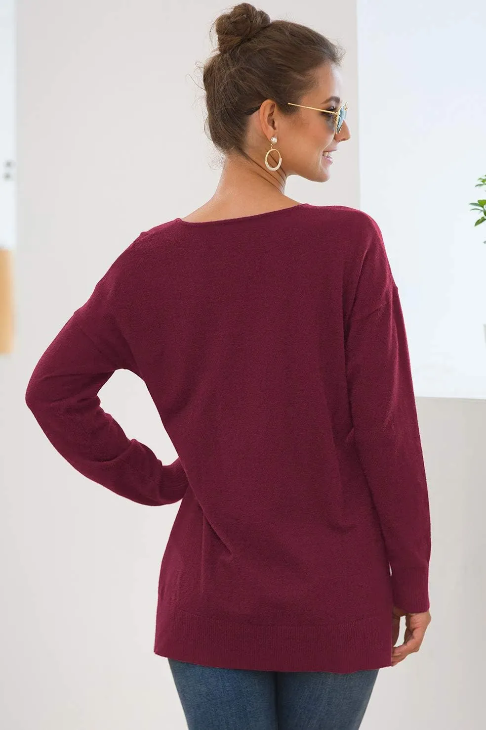Jouica Women's Casual Lightweight V Neck Batwing Sleeve Knit Top Loose Pullover Sweater