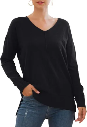 Jouica Women's Casual Lightweight V Neck Batwing Sleeve Knit Top Loose Pullover Sweater
