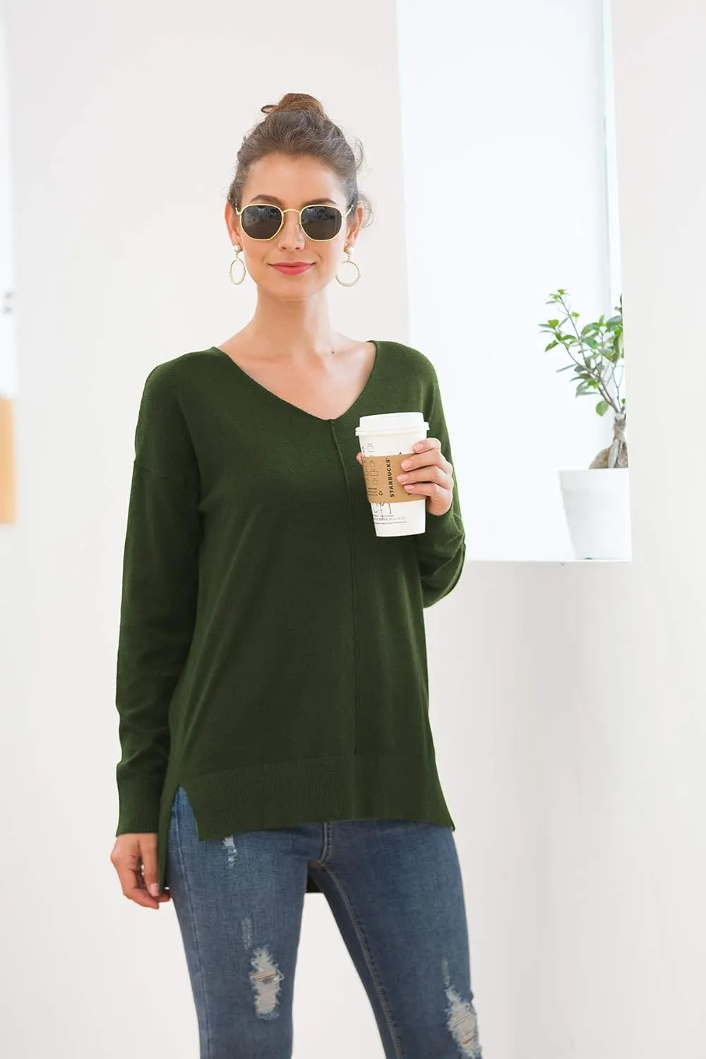 Jouica Women's Casual Lightweight V Neck Batwing Sleeve Knit Top Loose Pullover Sweater