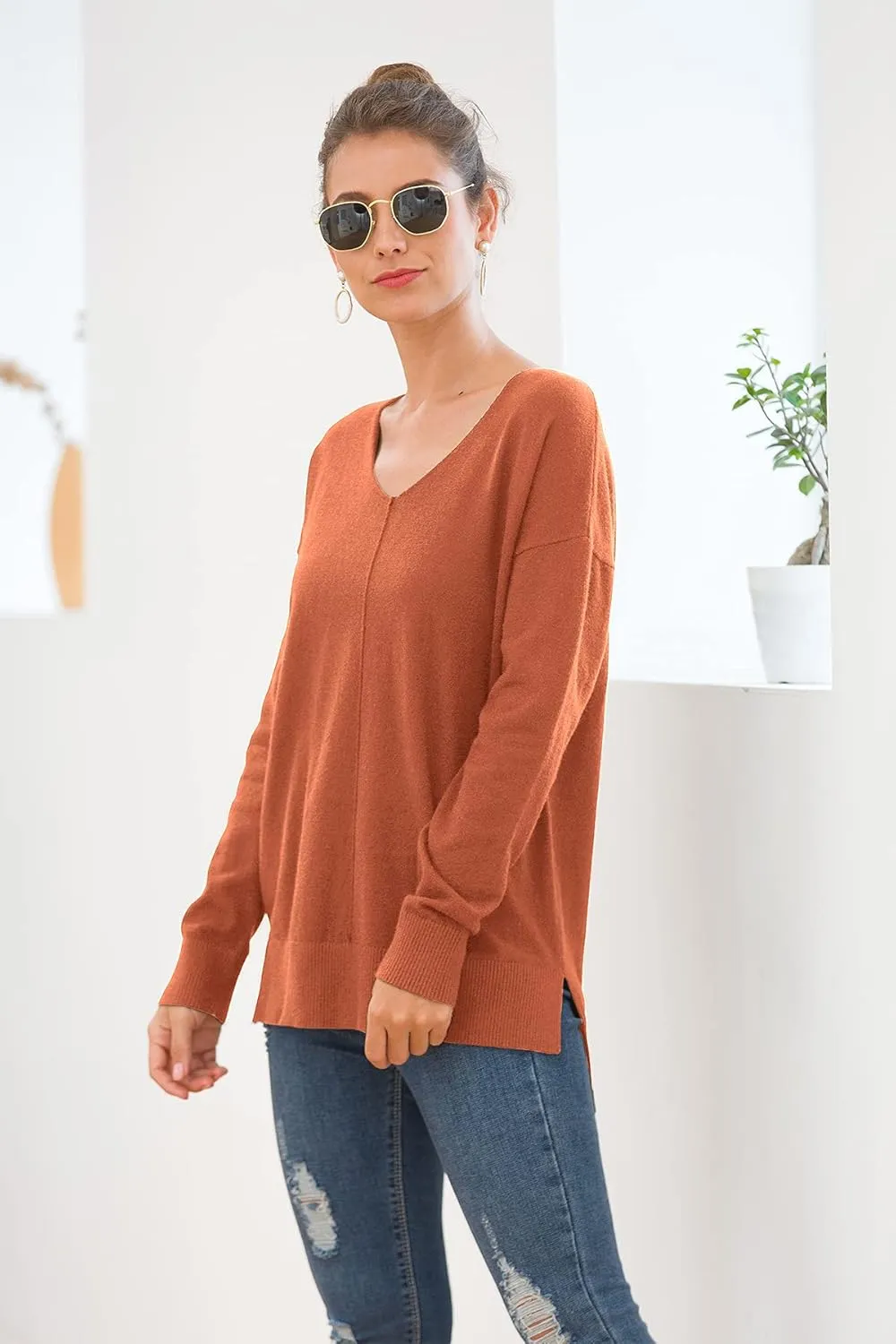 Jouica Women's Casual Lightweight V Neck Batwing Sleeve Knit Top Loose Pullover Sweater