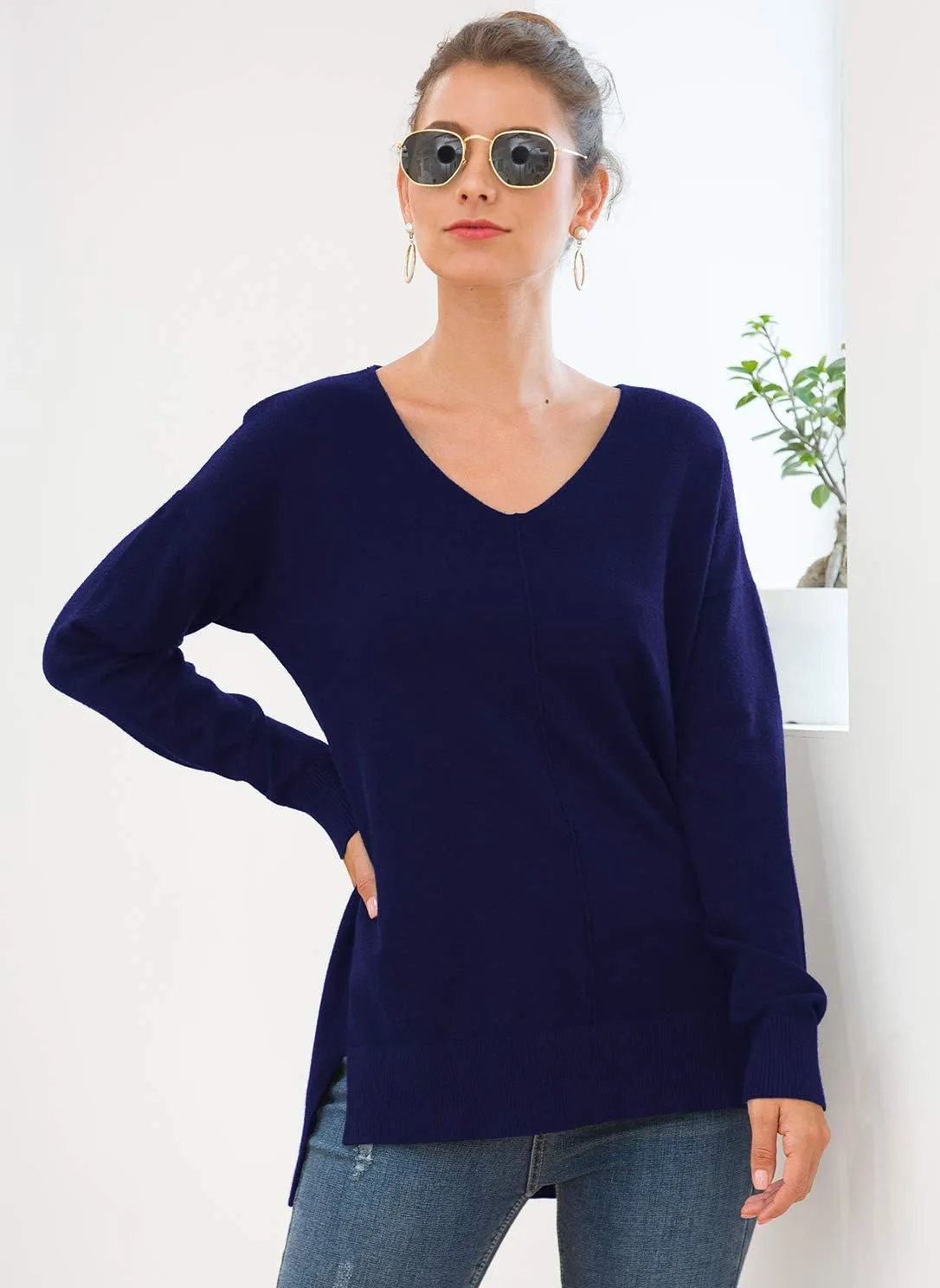 Jouica Women's Casual Lightweight V Neck Batwing Sleeve Knit Top Loose Pullover Sweater