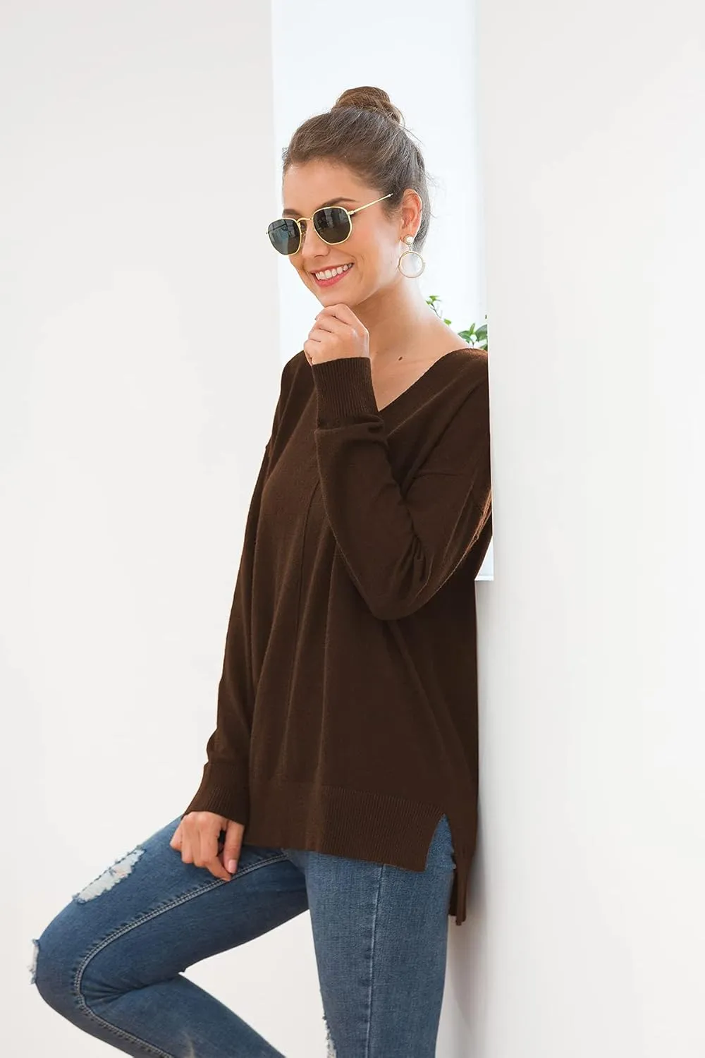 Jouica Women's Casual Lightweight V Neck Batwing Sleeve Knit Top Loose Pullover Sweater
