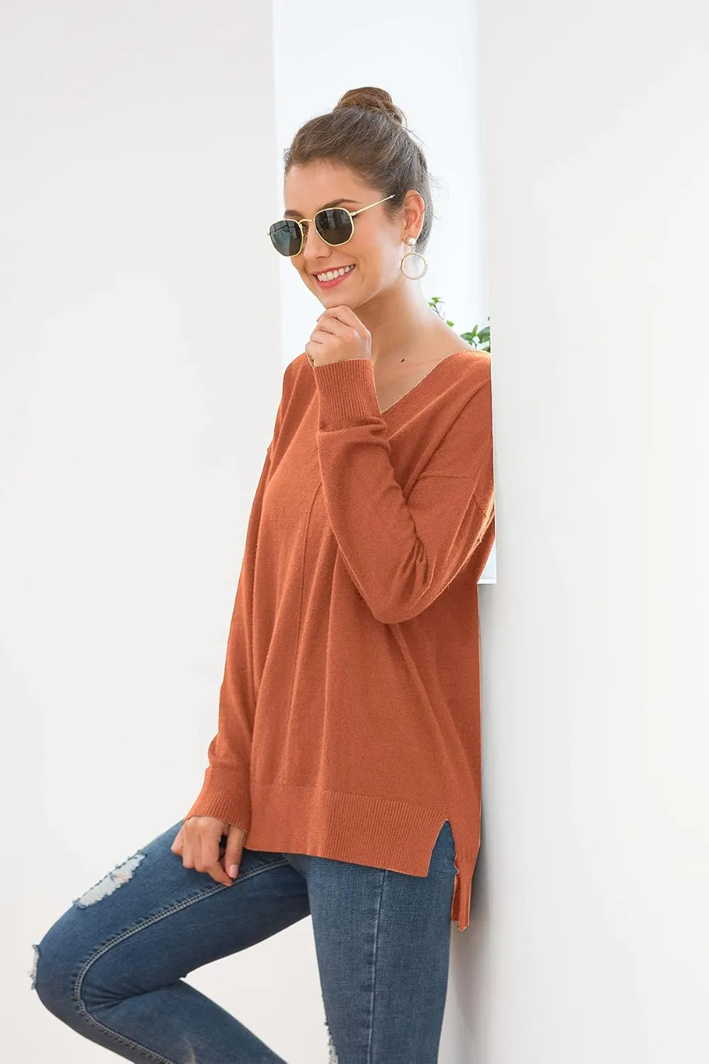 Jouica Women's Casual Lightweight V Neck Batwing Sleeve Knit Top Loose Pullover Sweater