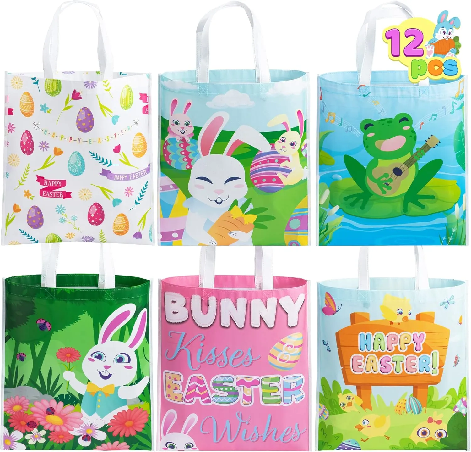 JOYIN 12 PCS Easter Tote Bags, 17"x15" Canvas Easter Large Bag Creamed Tone Gift Craft Treat Goodie Reusable Grocery Basket with Handles for Egg Hunt Party Favors