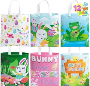 JOYIN 12 PCS Easter Tote Bags, 17"x15" Canvas Easter Large Bag Creamed Tone Gift Craft Treat Goodie Reusable Grocery Basket with Handles for Egg Hunt Party Favors