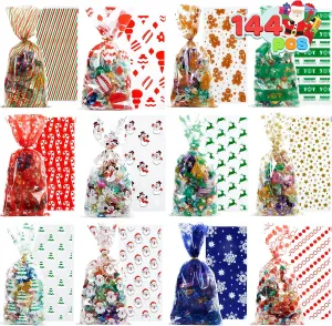 JOYIN 144 Pcs Assorted Christmas Cellophane Gift Bags for Holiday Treats, Christmas Party Gifts, Cello Candy Bags, Christmas Gifts, Party Supplies