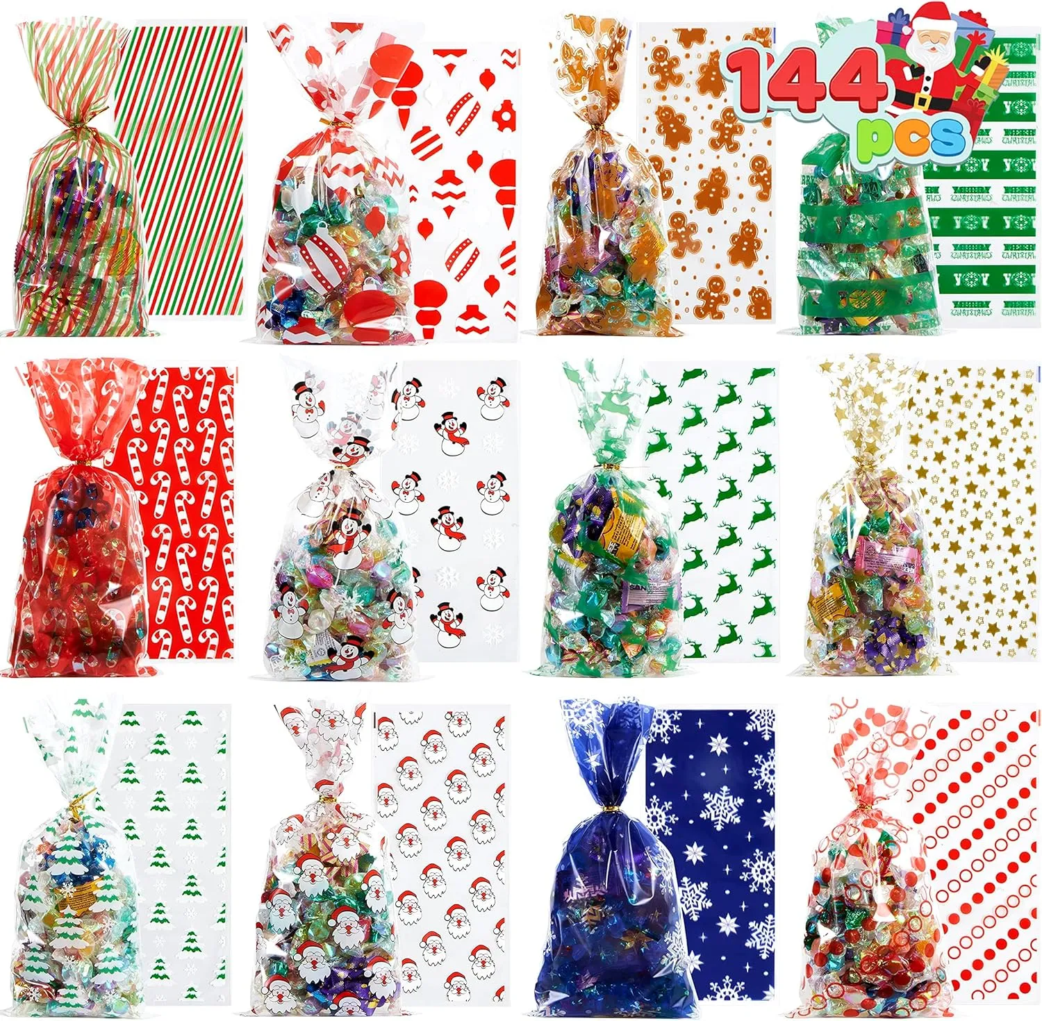JOYIN 144 Pcs Assorted Christmas Cellophane Gift Bags for Holiday Treats, Christmas Party Gifts, Cello Candy Bags, Christmas Gifts, Party Supplies