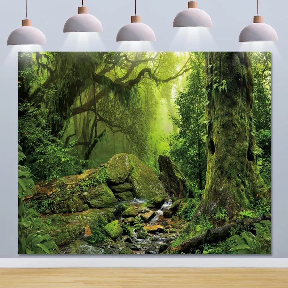 Jungle Forest Backdrop 10x8ft Tropical Rainforest Backdrops for Photography Fairytale Misty Deep Green Trees Nature Scenery Photography Background Camping Boy Adventure Photo Studio Props