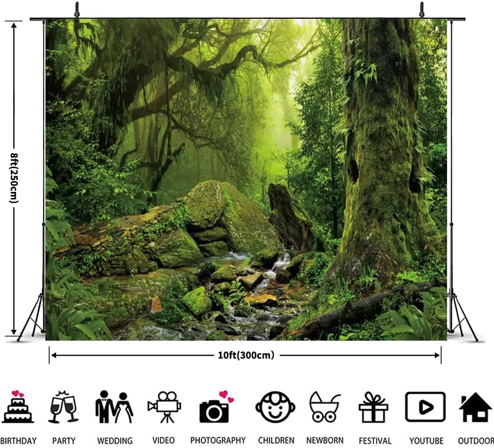 Jungle Forest Backdrop 10x8ft Tropical Rainforest Backdrops for Photography Fairytale Misty Deep Green Trees Nature Scenery Photography Background Camping Boy Adventure Photo Studio Props