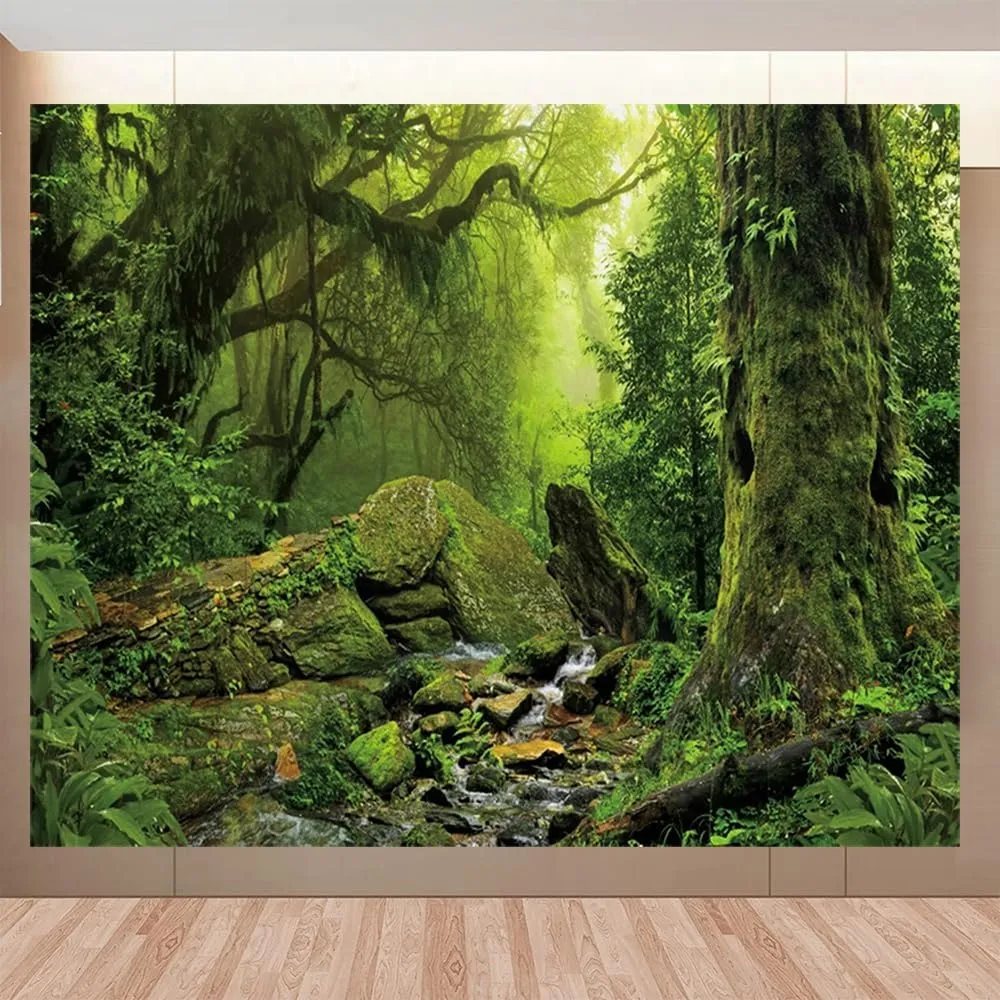 Jungle Forest Backdrop 10x8ft Tropical Rainforest Backdrops for Photography Fairytale Misty Deep Green Trees Nature Scenery Photography Background Camping Boy Adventure Photo Studio Props