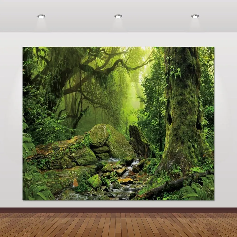 Jungle Forest Backdrop 10x8ft Tropical Rainforest Backdrops for Photography Fairytale Misty Deep Green Trees Nature Scenery Photography Background Camping Boy Adventure Photo Studio Props