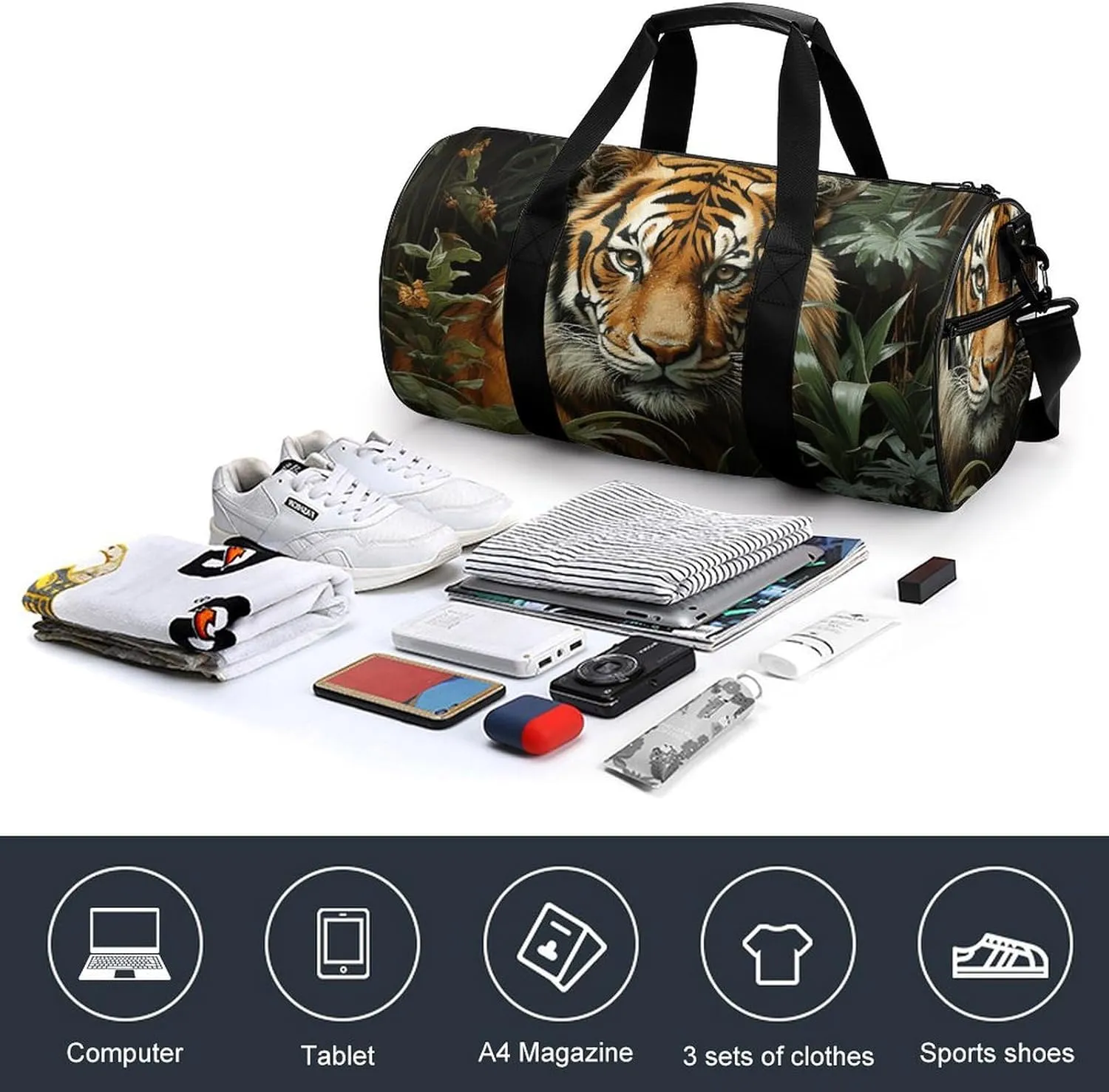 Jungle Tiger Gym Bag Small Travel Duffle Bag with Compartment Carry On Weekender Bag for Women Men