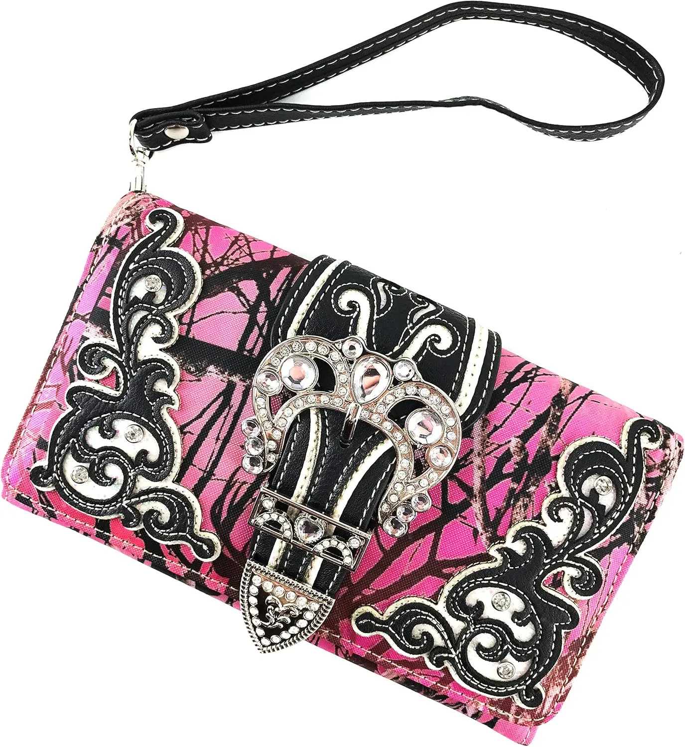 Justin West Camouflage Tree Branches Bling Rhinestone Cross Wings Buckle Crossbody Chain Messenger and Purse