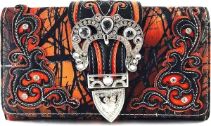 Justin West Camouflage Tree Branches Bling Rhinestone Cross Wings Buckle Crossbody Chain Messenger and Purse