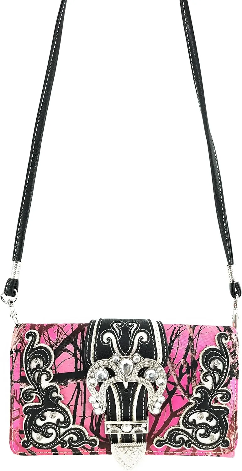 Justin West Camouflage Tree Branches Bling Rhinestone Cross Wings Buckle Crossbody Chain Messenger and Purse