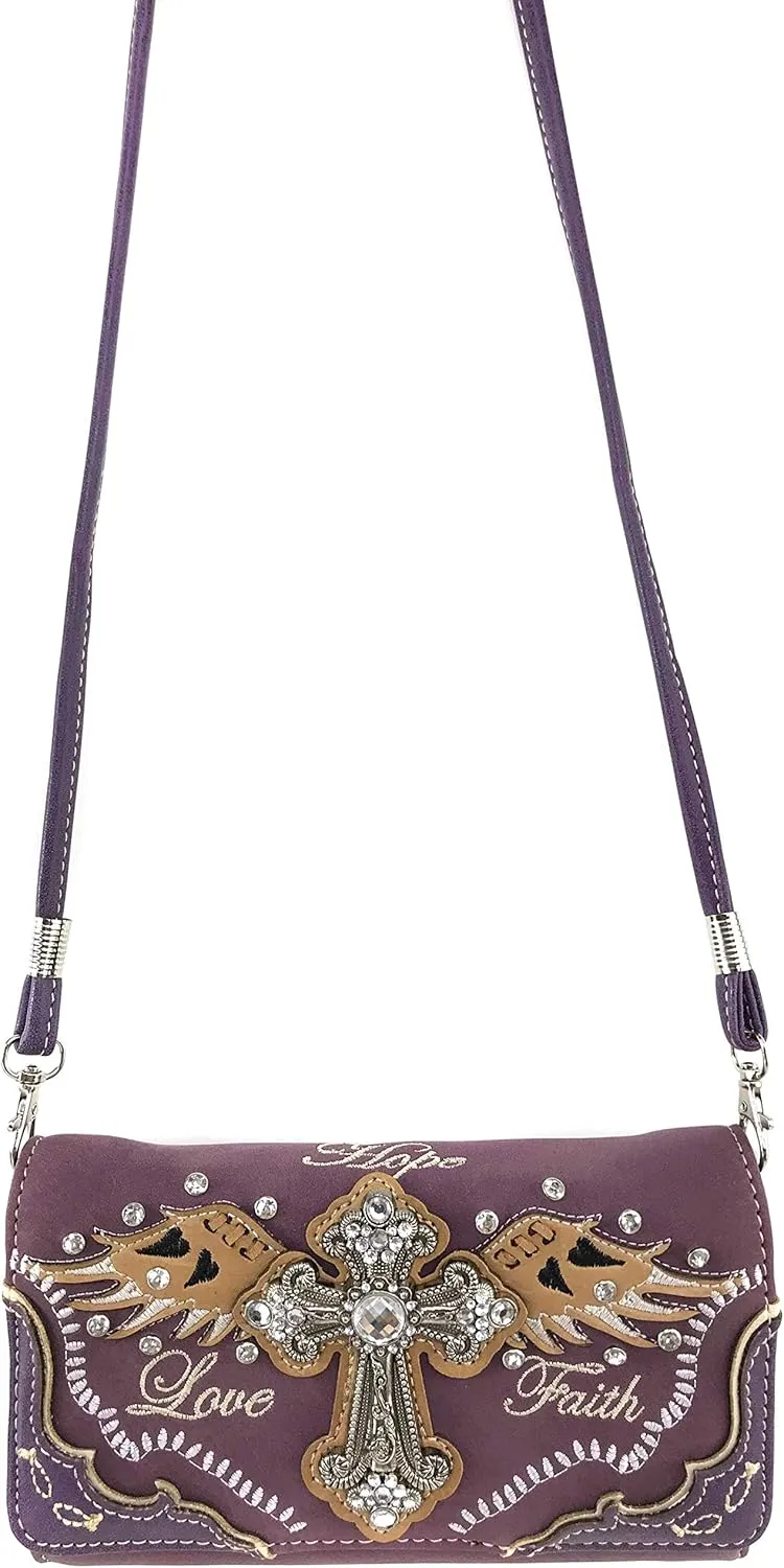 Justin West Cross Angel Wings Concealed Carry Handbag Purse Crossbody Messenger Bag and Wallet