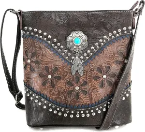 Justin West Turquoise Stone Concho Feathers Western Tooled Studs Concealed Carry Handbag Purse