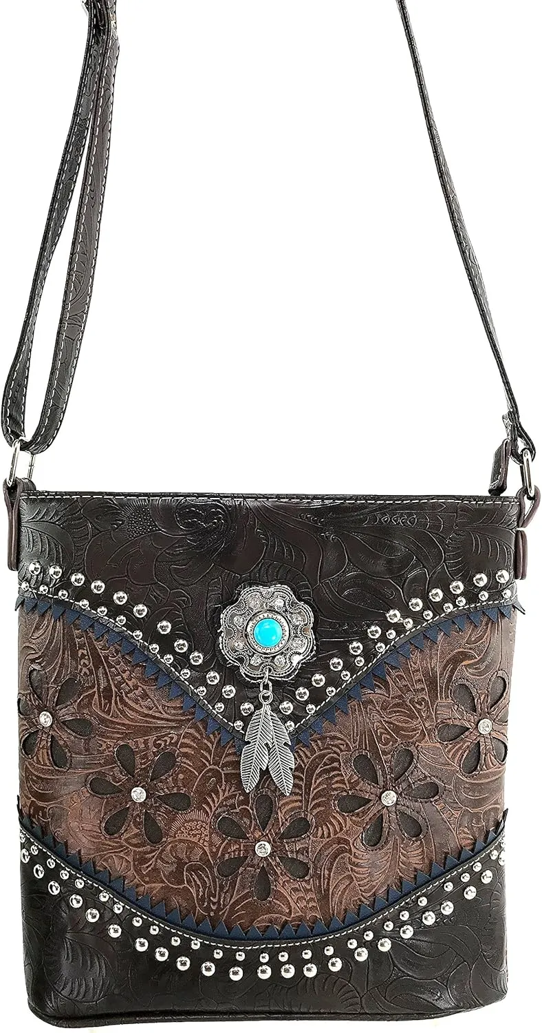 Justin West Turquoise Stone Concho Feathers Western Tooled Studs Concealed Carry Handbag Purse