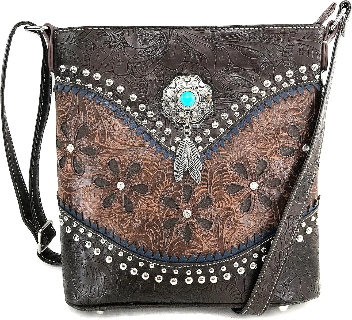 Justin West Turquoise Stone Concho Feathers Western Tooled Studs Concealed Carry Handbag Purse