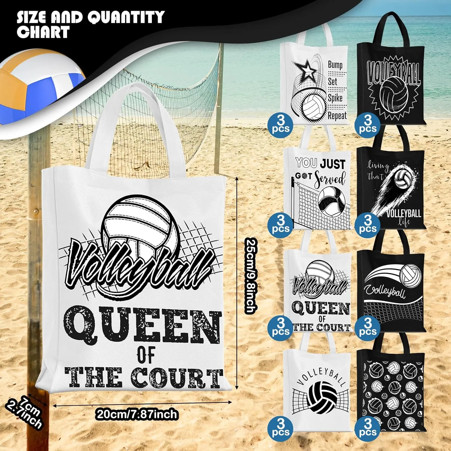 Kajaia 24 Pcs Party Treat Bag with Handles Reusable Goodie Favor Bag Non Woven Party Favor Birthday Supplies(Volleyball)