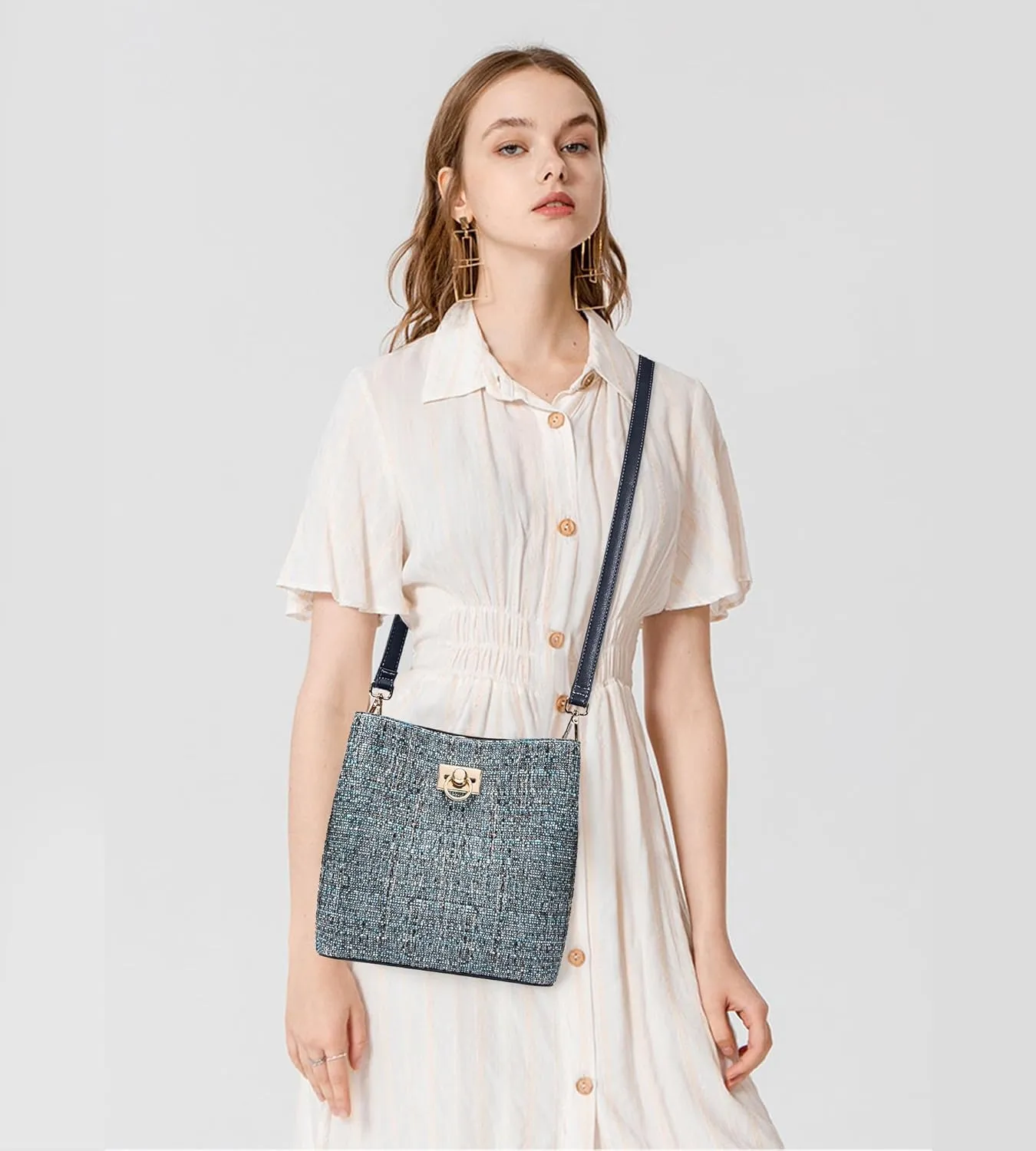 KALIDI Crossbody Purses for Women Vegan Leather Bucket Bag Fashion Ladies Crossbody Handbag Shoulder Purse with Multi Pockets