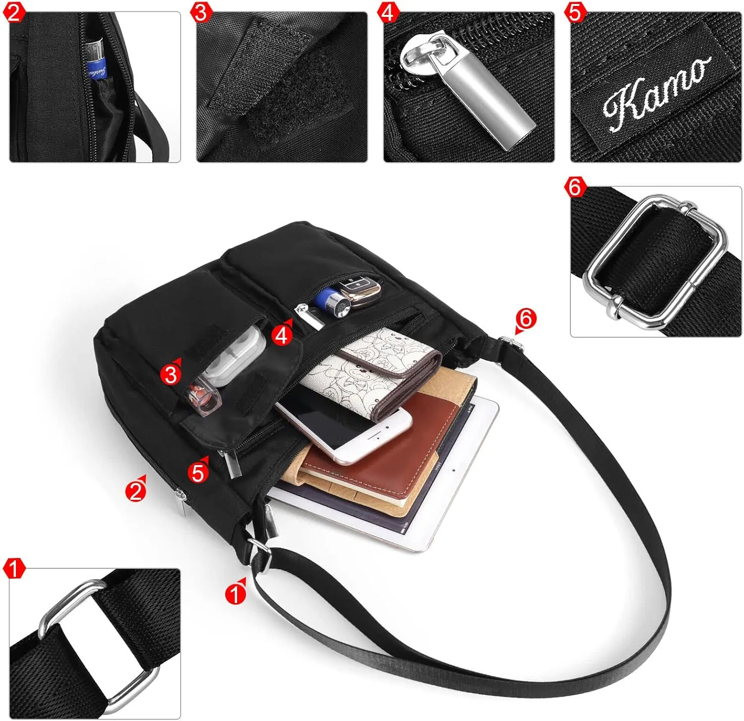 Kamo Crossbody for Women - Multi-pocket Shoulder Lightweight Messenger Casual Printed Purse Handbag Travel Bag