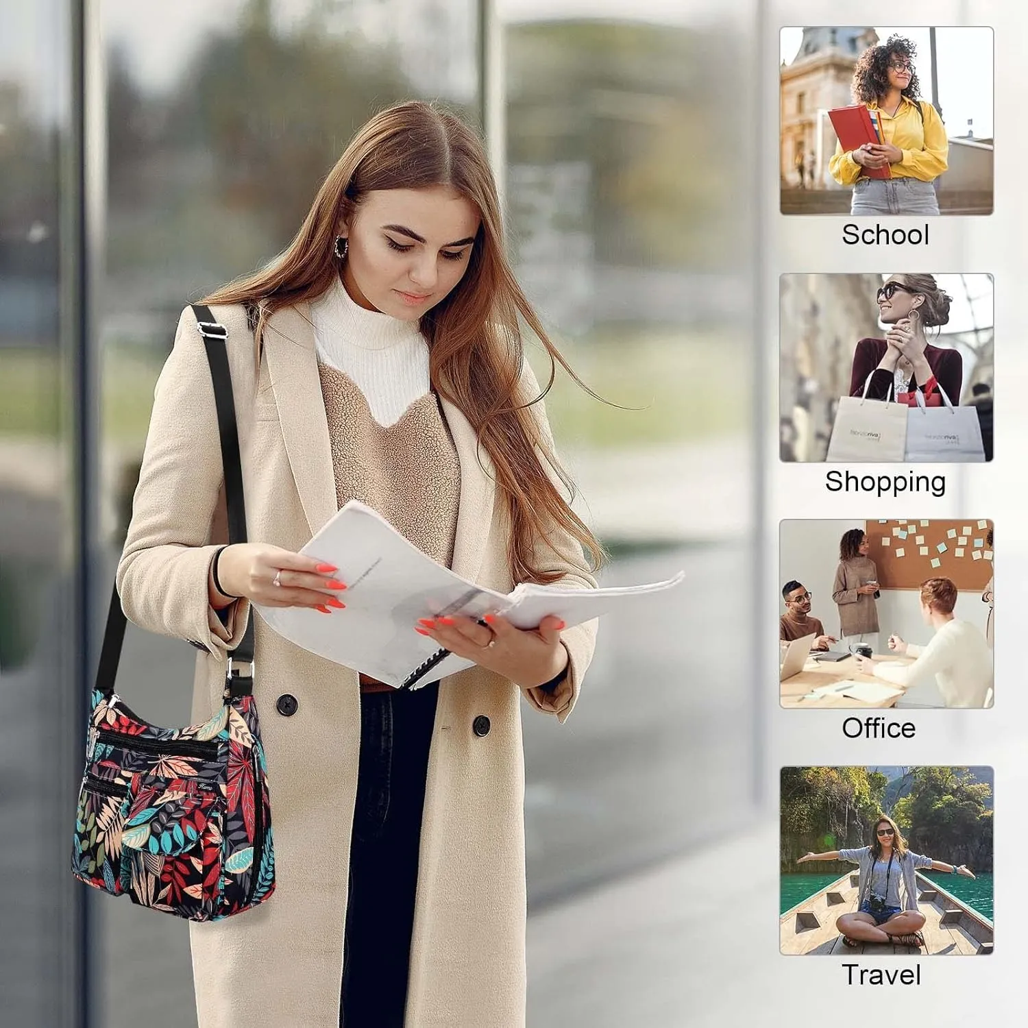 Kamo Crossbody for Women - Multi-pocket Shoulder Lightweight Messenger Casual Printed Purse Handbag Travel Bag