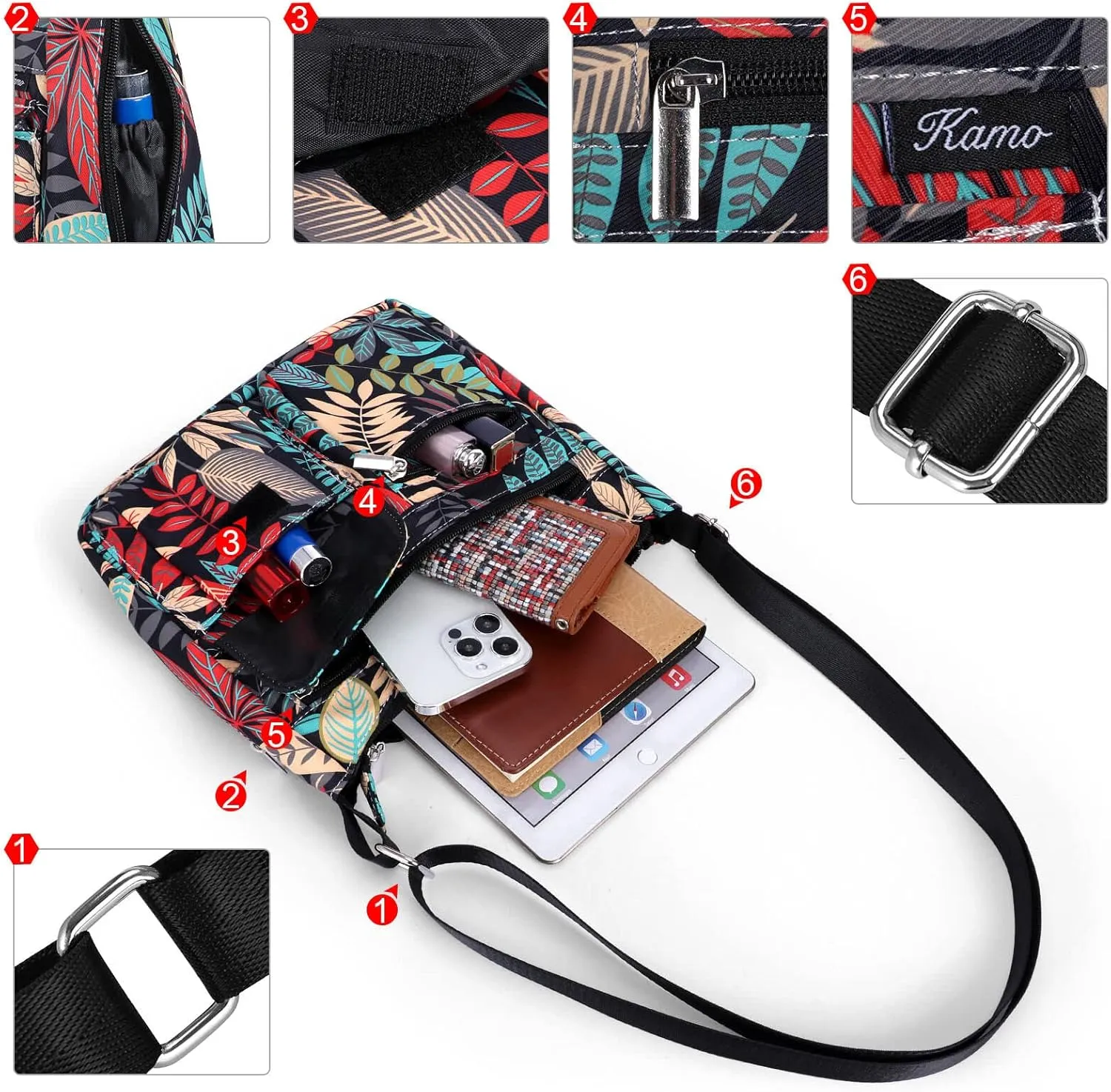 Kamo Crossbody for Women - Multi-pocket Shoulder Lightweight Messenger Casual Printed Purse Handbag Travel Bag