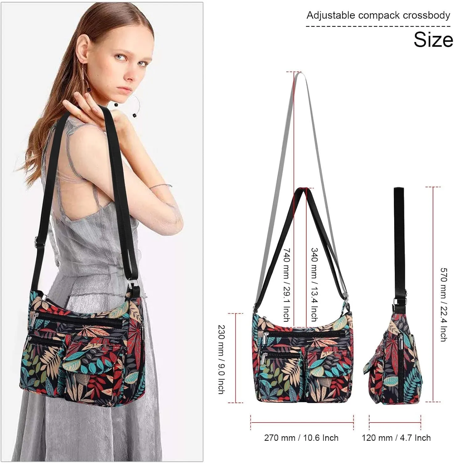 Kamo Crossbody for Women - Multi-pocket Shoulder Lightweight Messenger Casual Printed Purse Handbag Travel Bag