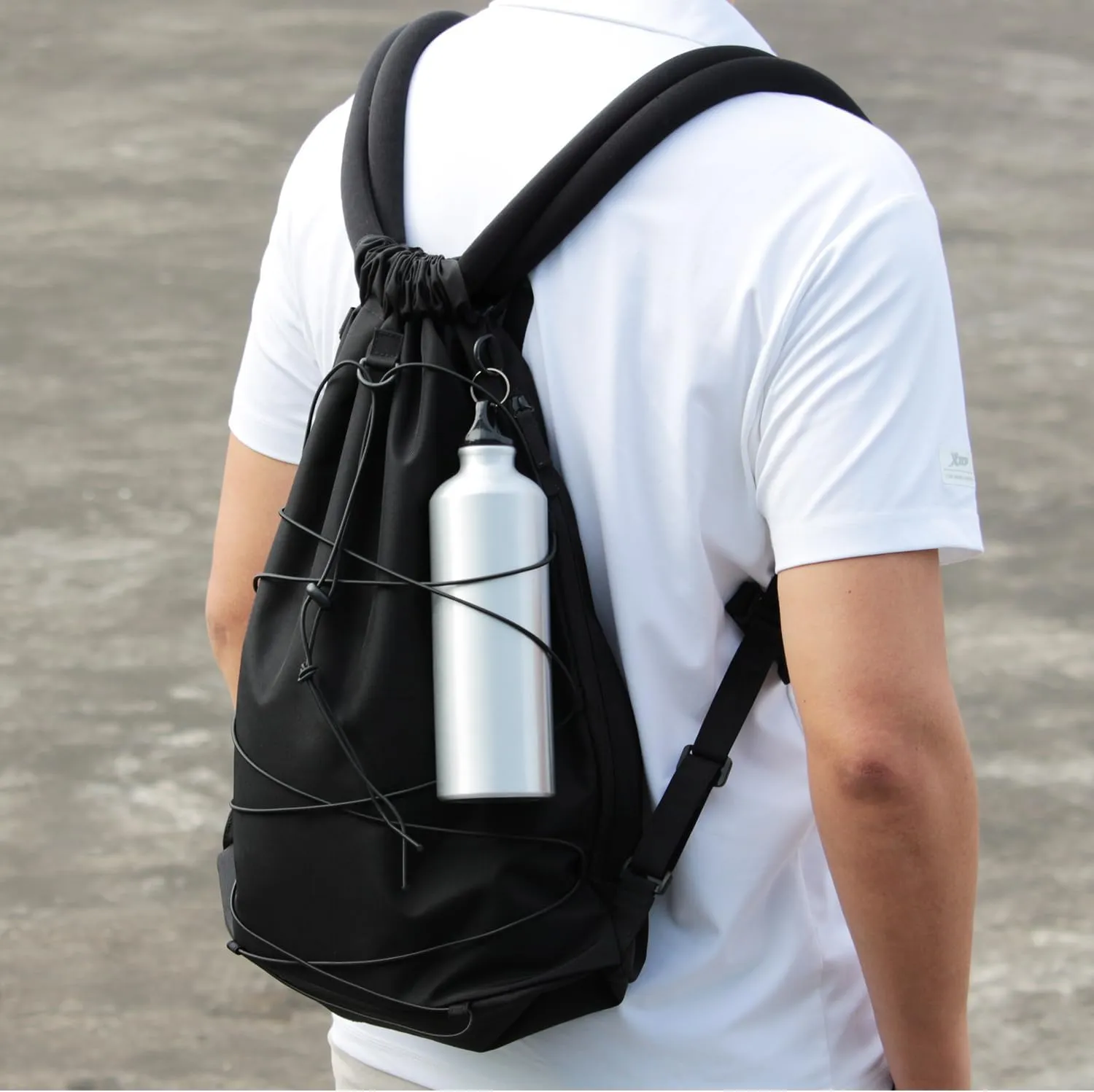Karry7.0 gym bag drawstring backpack water repellent nylon training sport bag for weekend trip large elastic capacity with shoes compartment for men women (Black)
