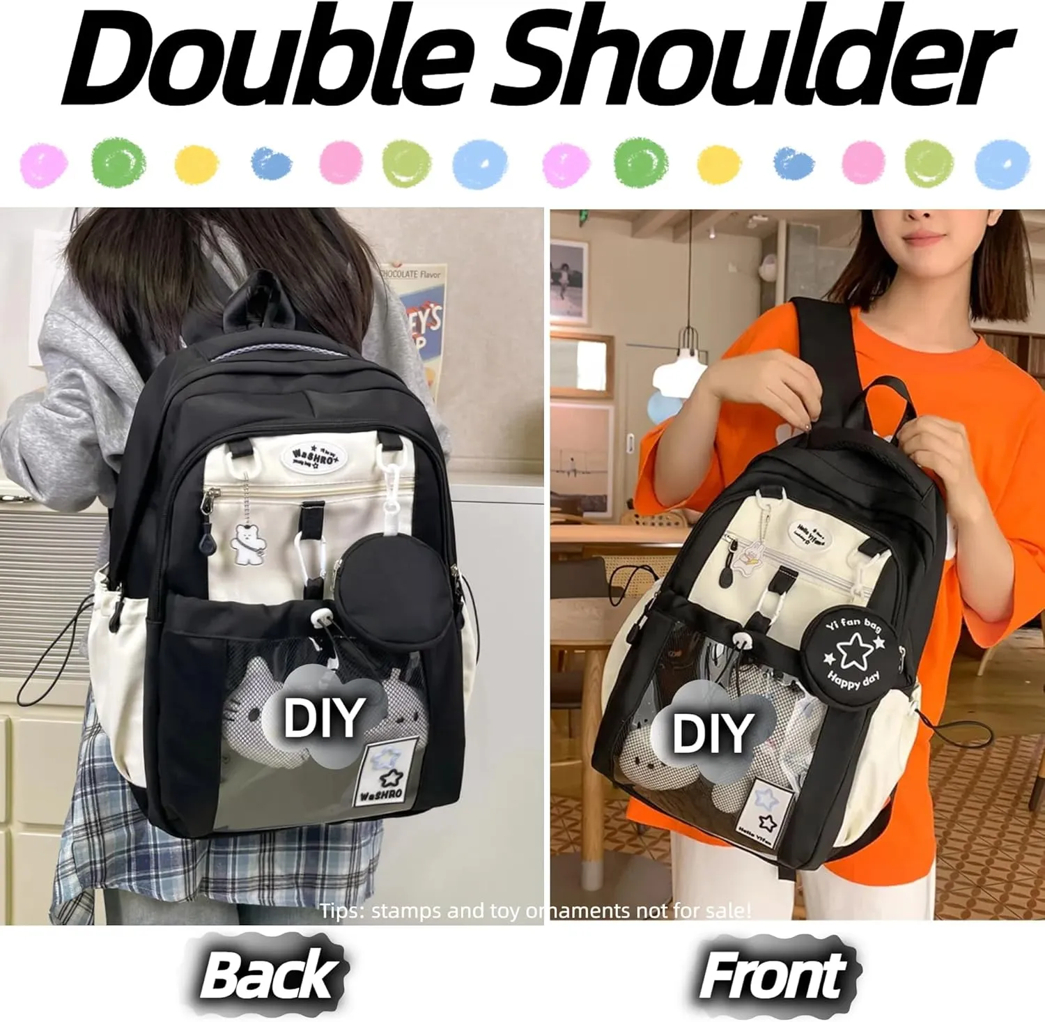 Kawaii Backpack Double Shoulder Bag with Cute Star Removable Pouch Clear Pocket Large Capacity Dopamine Colors Daypack (Clear Black)