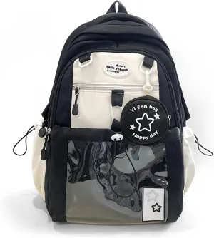 Kawaii Backpack Double Shoulder Bag with Cute Star Removable Pouch Clear Pocket Large Capacity Dopamine Colors Daypack (Clear Black)