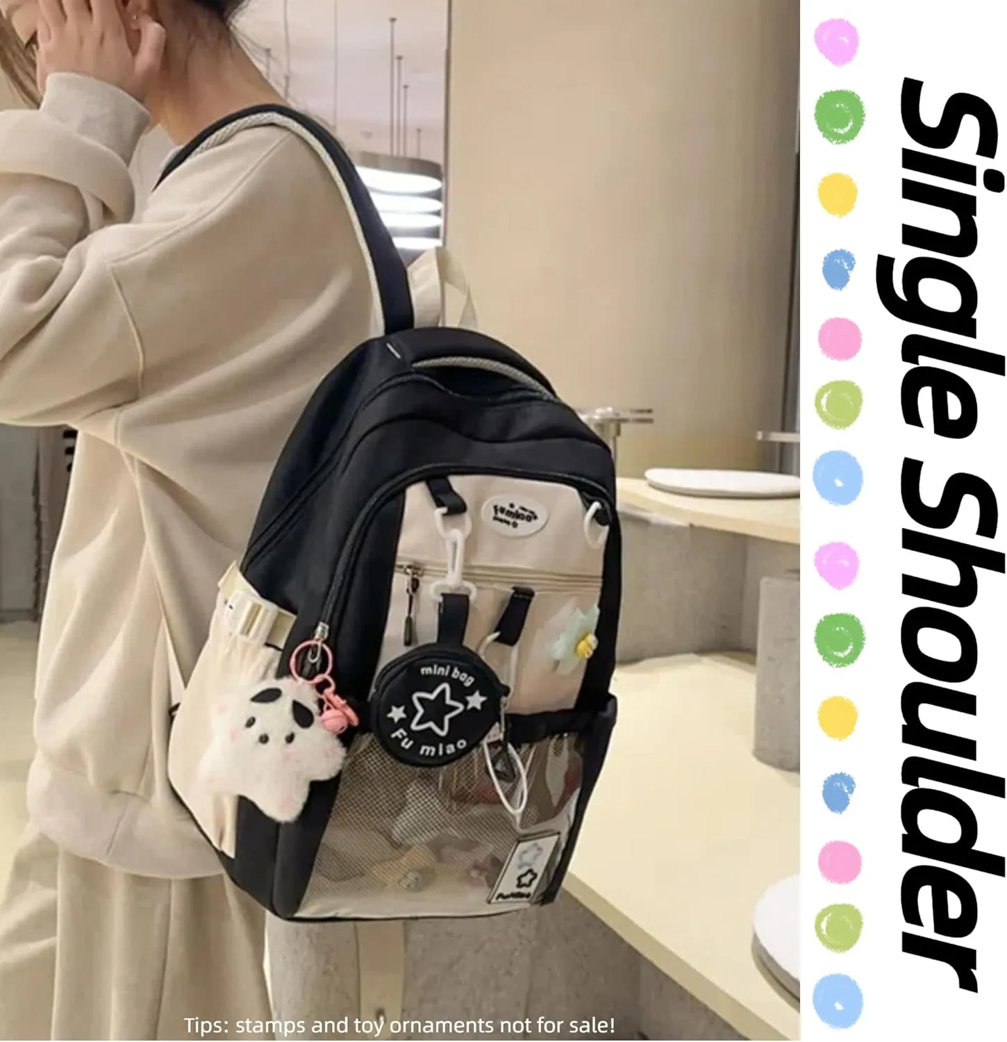 Kawaii Backpack Double Shoulder Bag with Cute Star Removable Pouch Clear Pocket Large Capacity Dopamine Colors Daypack (Clear Black)