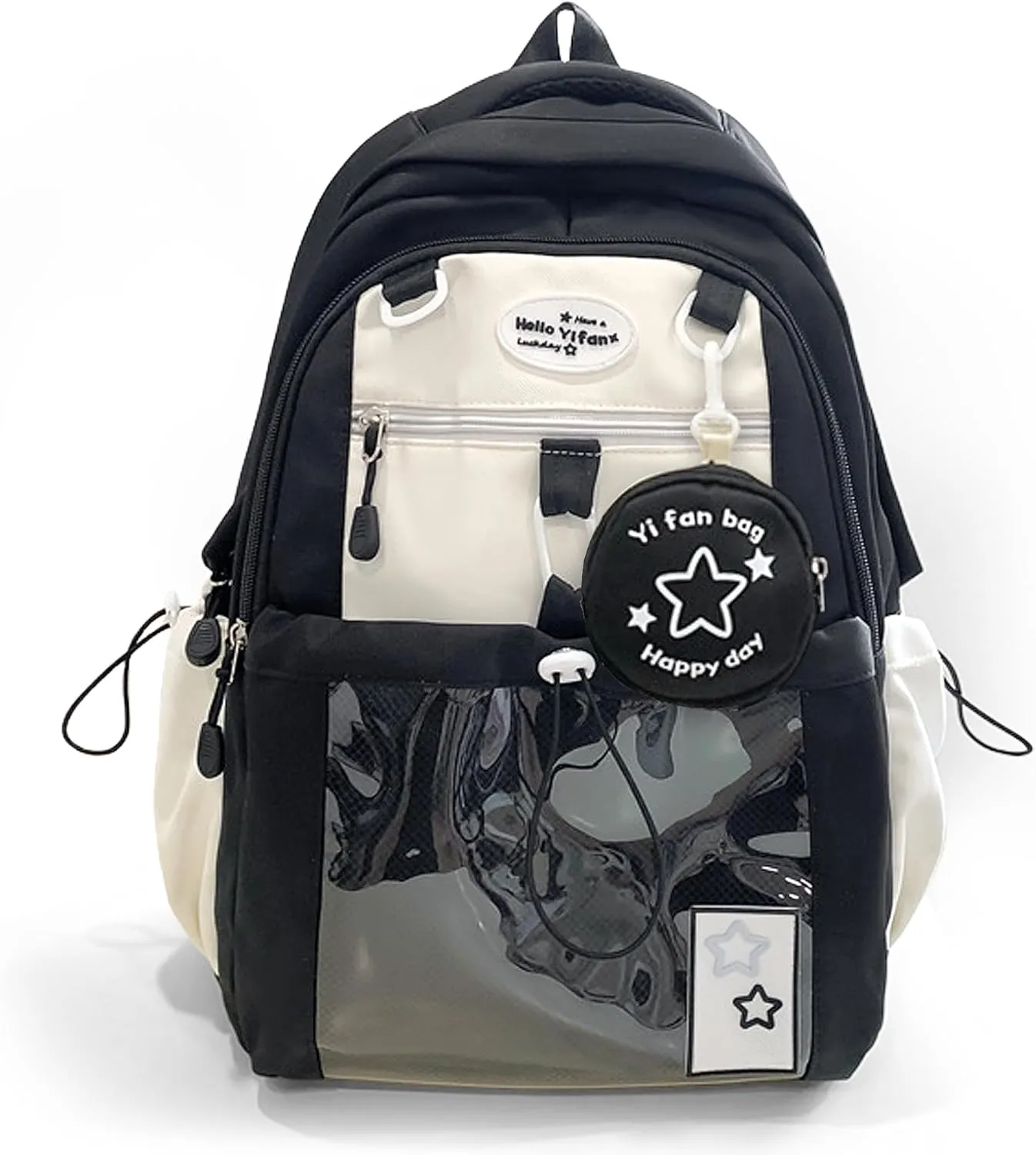 Kawaii Backpack Double Shoulder Bag with Cute Star Removable Pouch Clear Pocket Large Capacity Dopamine Colors Daypack (Clear Black)