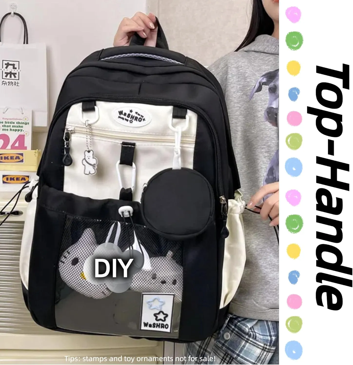 Kawaii Backpack Double Shoulder Bag with Cute Star Removable Pouch Clear Pocket Large Capacity Dopamine Colors Daypack (Clear Black)