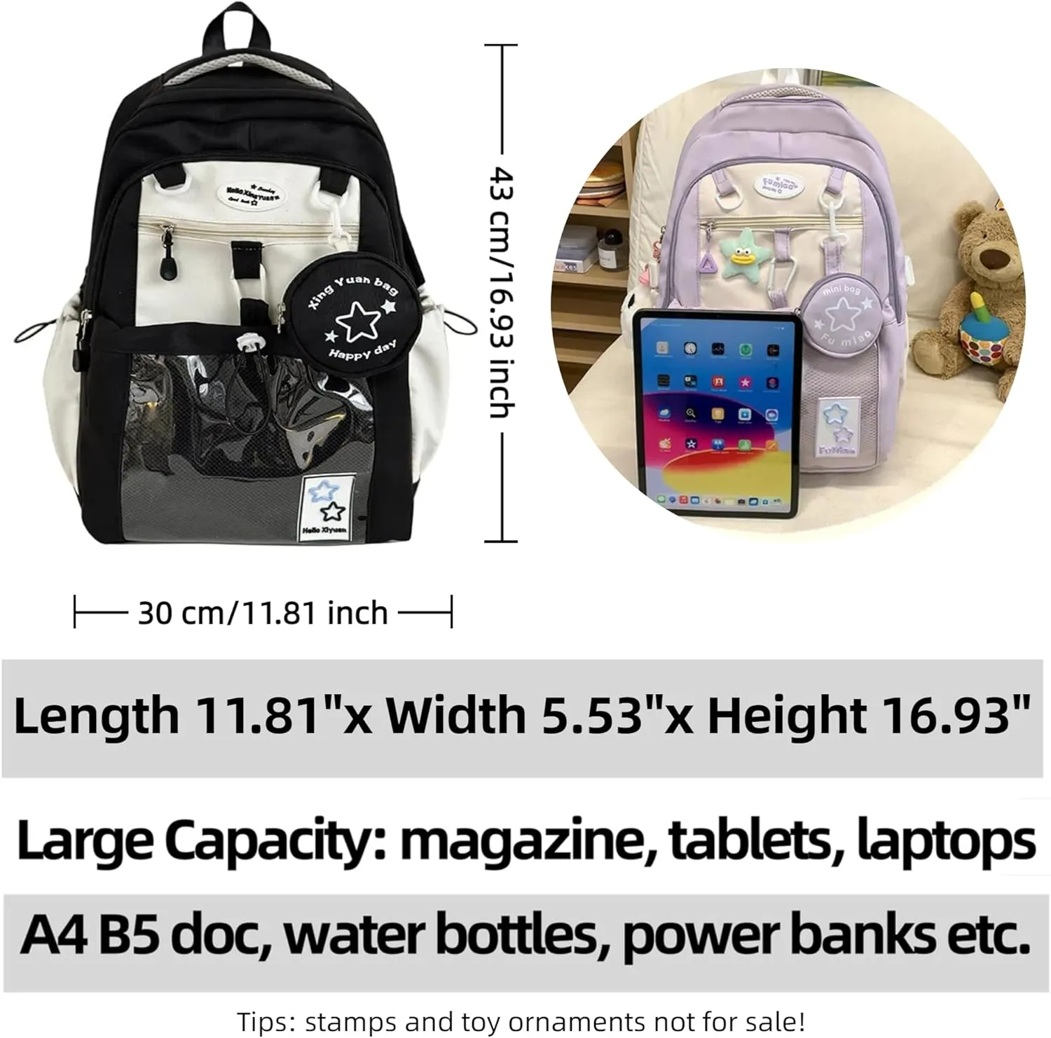 Kawaii Backpack Double Shoulder Bag with Cute Star Removable Pouch Clear Pocket Large Capacity Dopamine Colors Daypack (Clear Black)