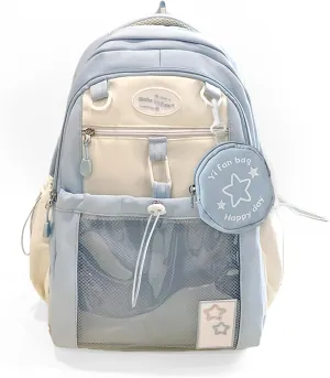 Kawaii Backpack Double Shoulder Bag with Cute Star Removable Pouch Clear Pocket Large Capacity Dopamine Colors Daypack (Clear Blue)
