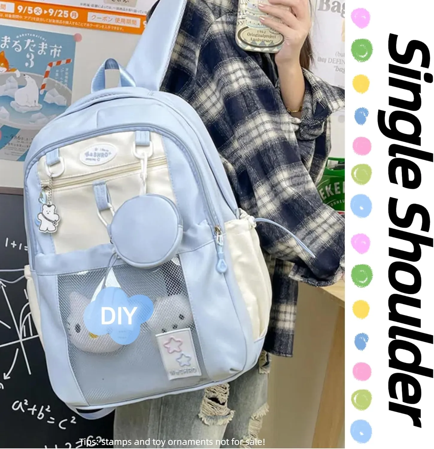 Kawaii Backpack Double Shoulder Bag with Cute Star Removable Pouch Clear Pocket Large Capacity Dopamine Colors Daypack (Clear Blue)