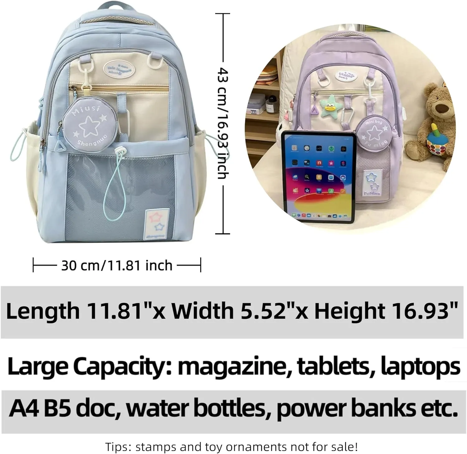 Kawaii Backpack Double Shoulder Bag with Cute Star Removable Pouch Clear Pocket Large Capacity Dopamine Colors Daypack (Clear Blue)