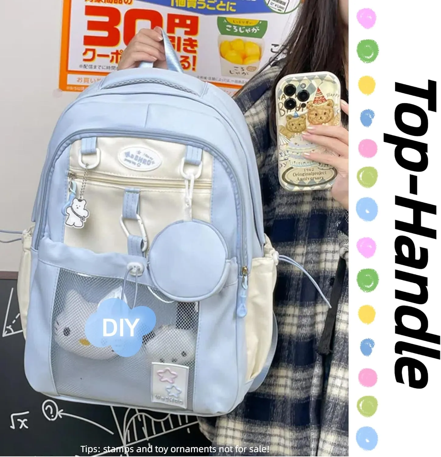 Kawaii Backpack Double Shoulder Bag with Cute Star Removable Pouch Clear Pocket Large Capacity Dopamine Colors Daypack (Clear Blue)