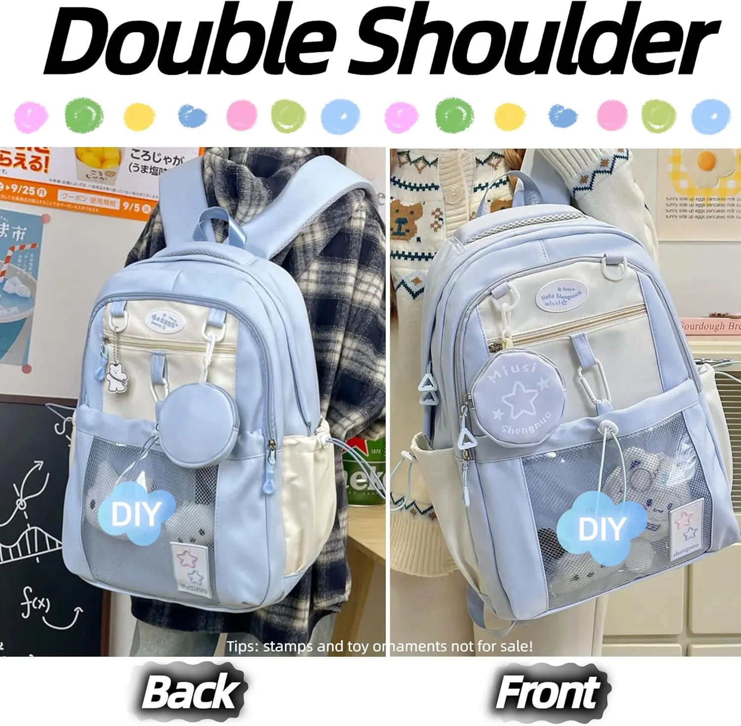 Kawaii Backpack Double Shoulder Bag with Cute Star Removable Pouch Clear Pocket Large Capacity Dopamine Colors Daypack (Clear Blue)