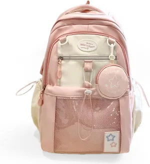 Kawaii Backpack Double Shoulder Bag with Cute Star Removable Pouch Clear Pocket Large Capacity Dopamine Colors Daypack (Clear Pink)