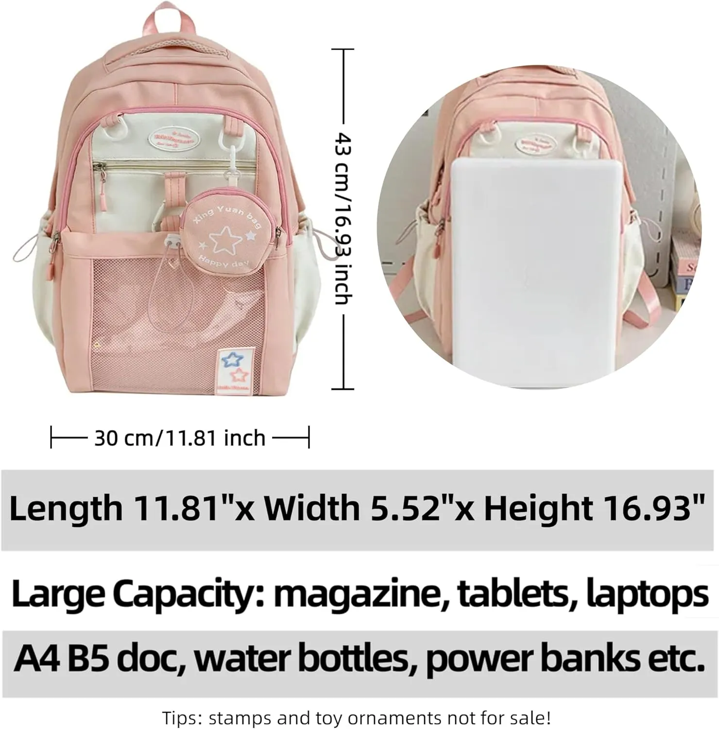 Kawaii Backpack Double Shoulder Bag with Cute Star Removable Pouch Clear Pocket Large Capacity Dopamine Colors Daypack (Clear Pink)