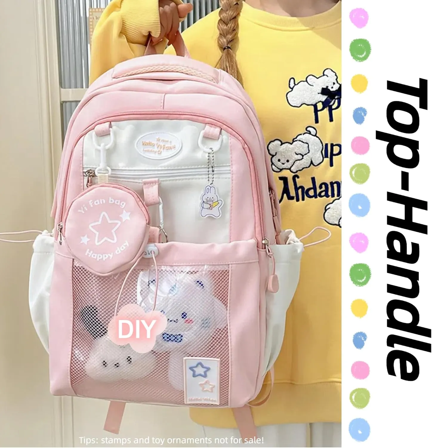 Kawaii Backpack Double Shoulder Bag with Cute Star Removable Pouch Clear Pocket Large Capacity Dopamine Colors Daypack (Clear Pink)