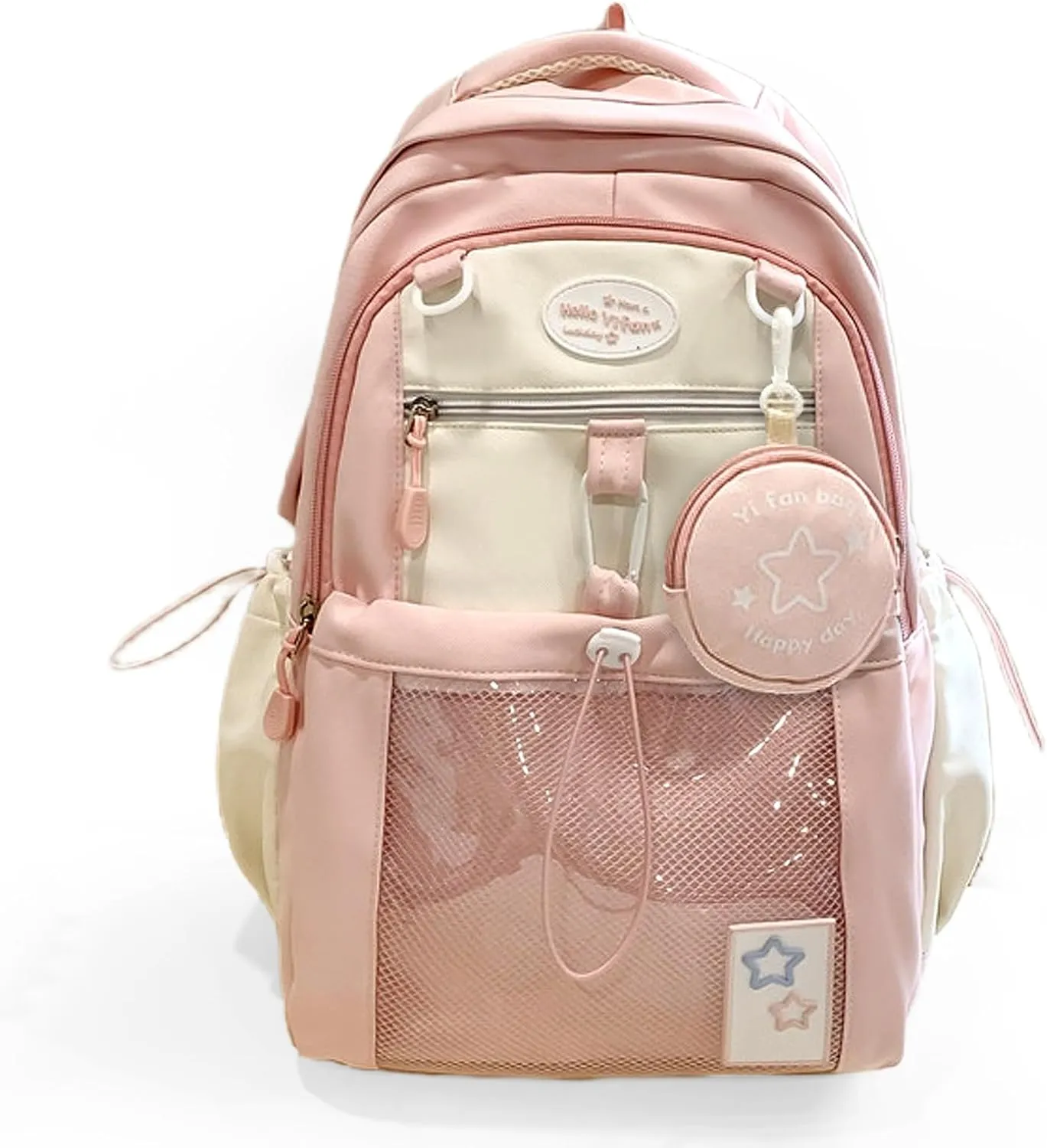 Kawaii Backpack Double Shoulder Bag with Cute Star Removable Pouch Clear Pocket Large Capacity Dopamine Colors Daypack (Clear Pink)