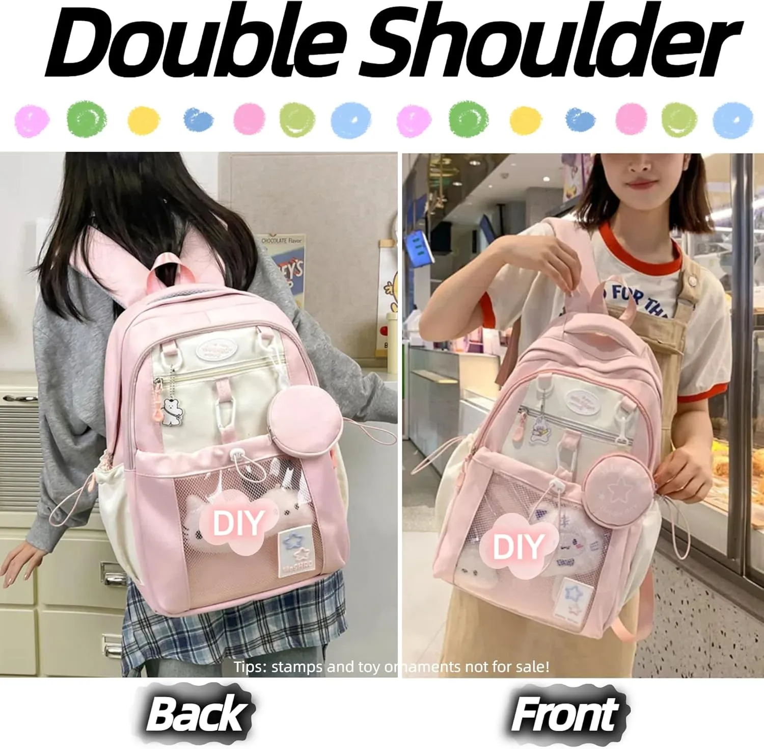 Kawaii Backpack Double Shoulder Bag with Cute Star Removable Pouch Clear Pocket Large Capacity Dopamine Colors Daypack (Clear Pink)