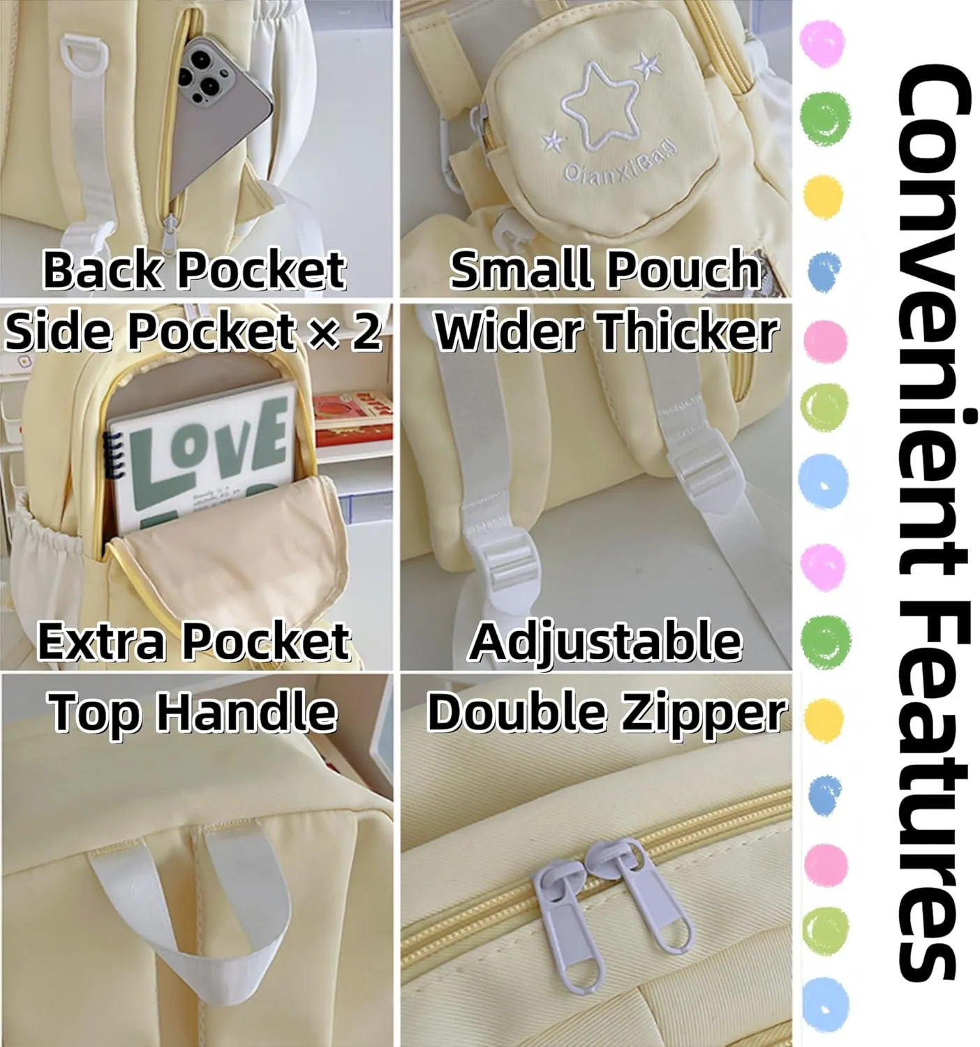 Kawaii Backpack Double Shoulder Bag with Cute Star Removable Pouch Small Clear Front Pocket Large Capacity Fits 16" Laptop Dopamine Colors Daypack (Black)