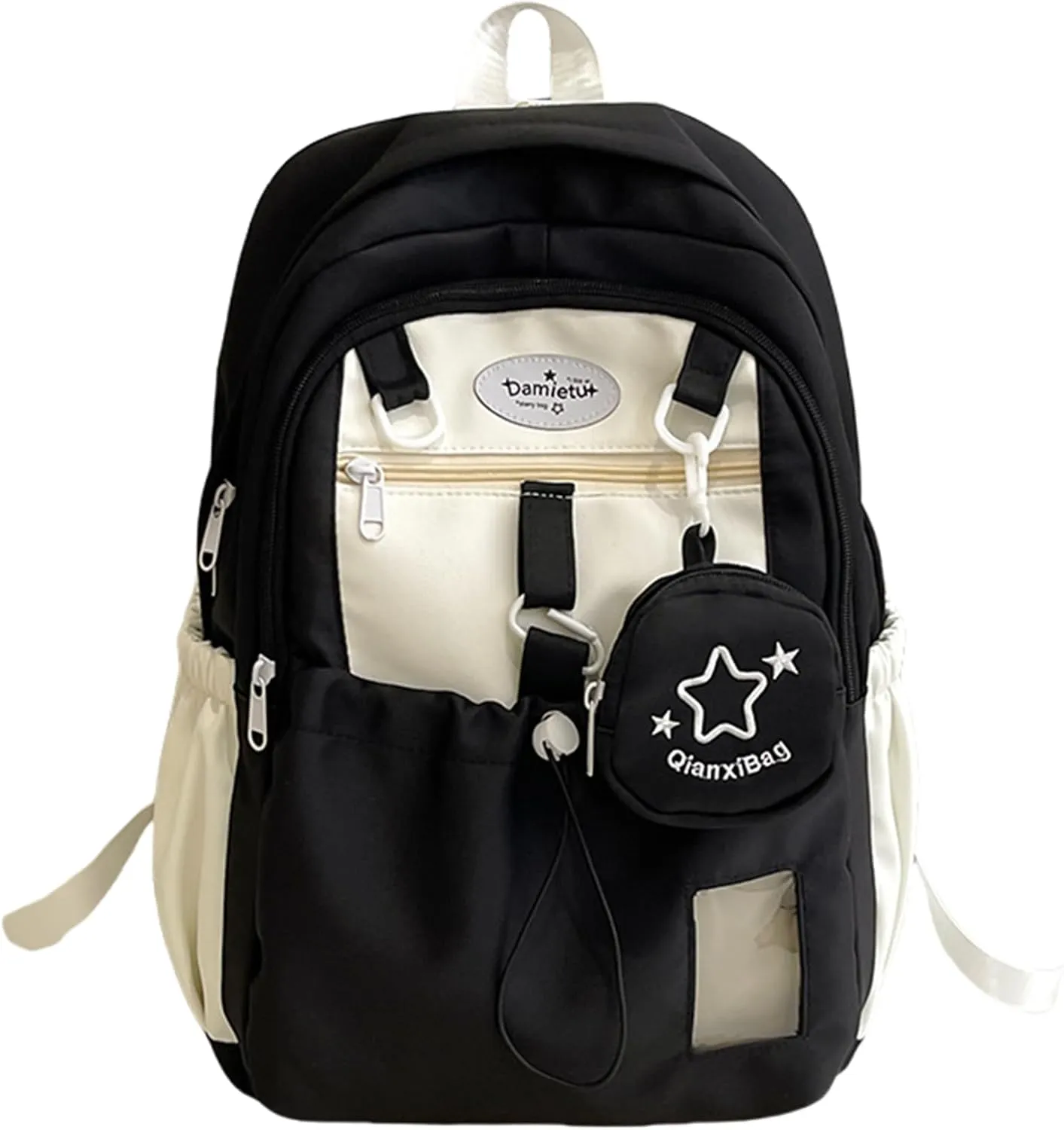 Kawaii Backpack Double Shoulder Bag with Cute Star Removable Pouch Small Clear Front Pocket Large Capacity Fits 16" Laptop Dopamine Colors Daypack (Black)