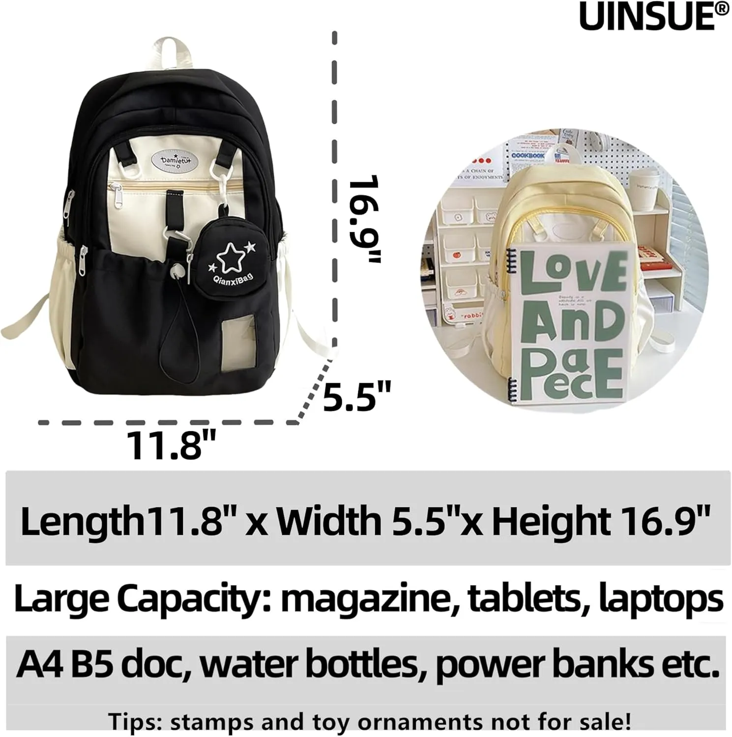Kawaii Backpack Double Shoulder Bag with Cute Star Removable Pouch Small Clear Front Pocket Large Capacity Fits 16" Laptop Dopamine Colors Daypack (Black)